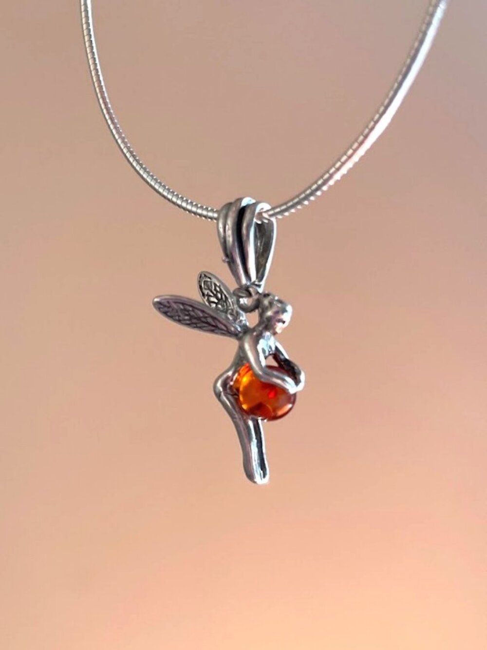NEW Miniature Silver Fairy Pendant 🧚 holding Amber Orb .925